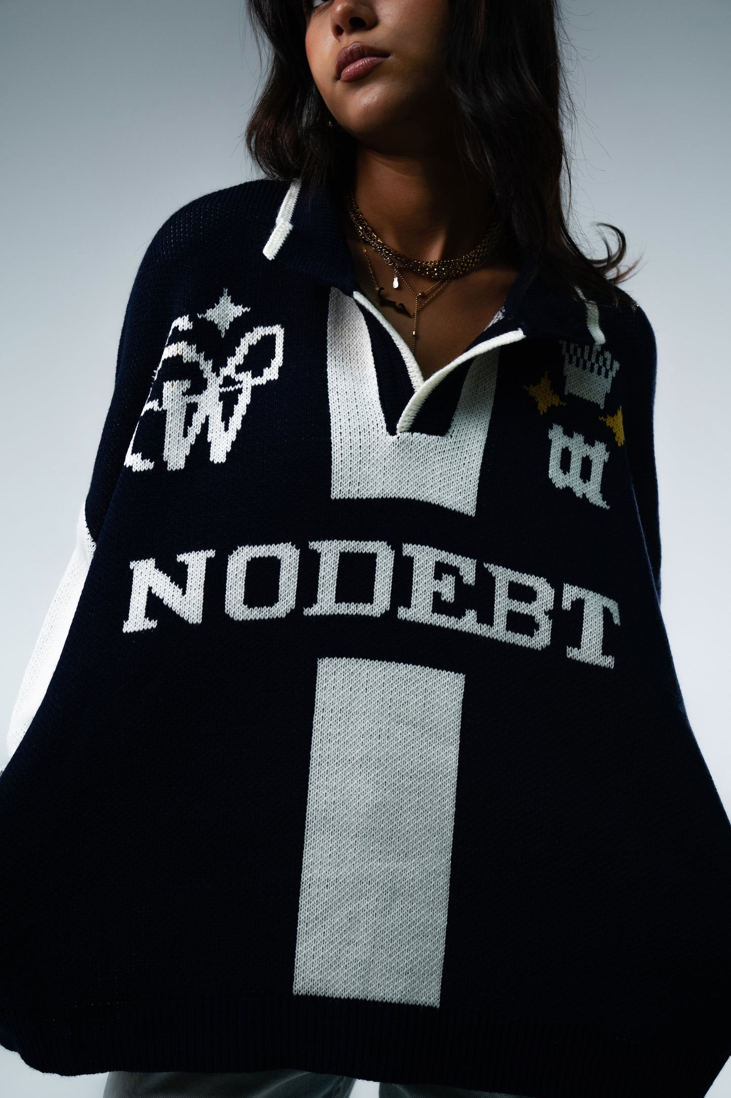 Navy Knitted Polo "No Debt"